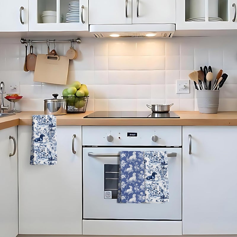 Nipil Chinoiserie Dachshund Kitchen Towels Set of 3, Blue and White Floral Botanical Dachshund Decorative Dish Tea Towels, Grandmillennial Weiner Dog Hand Towels for Kitchen Bathroom, 16x24 Inch - Image 5